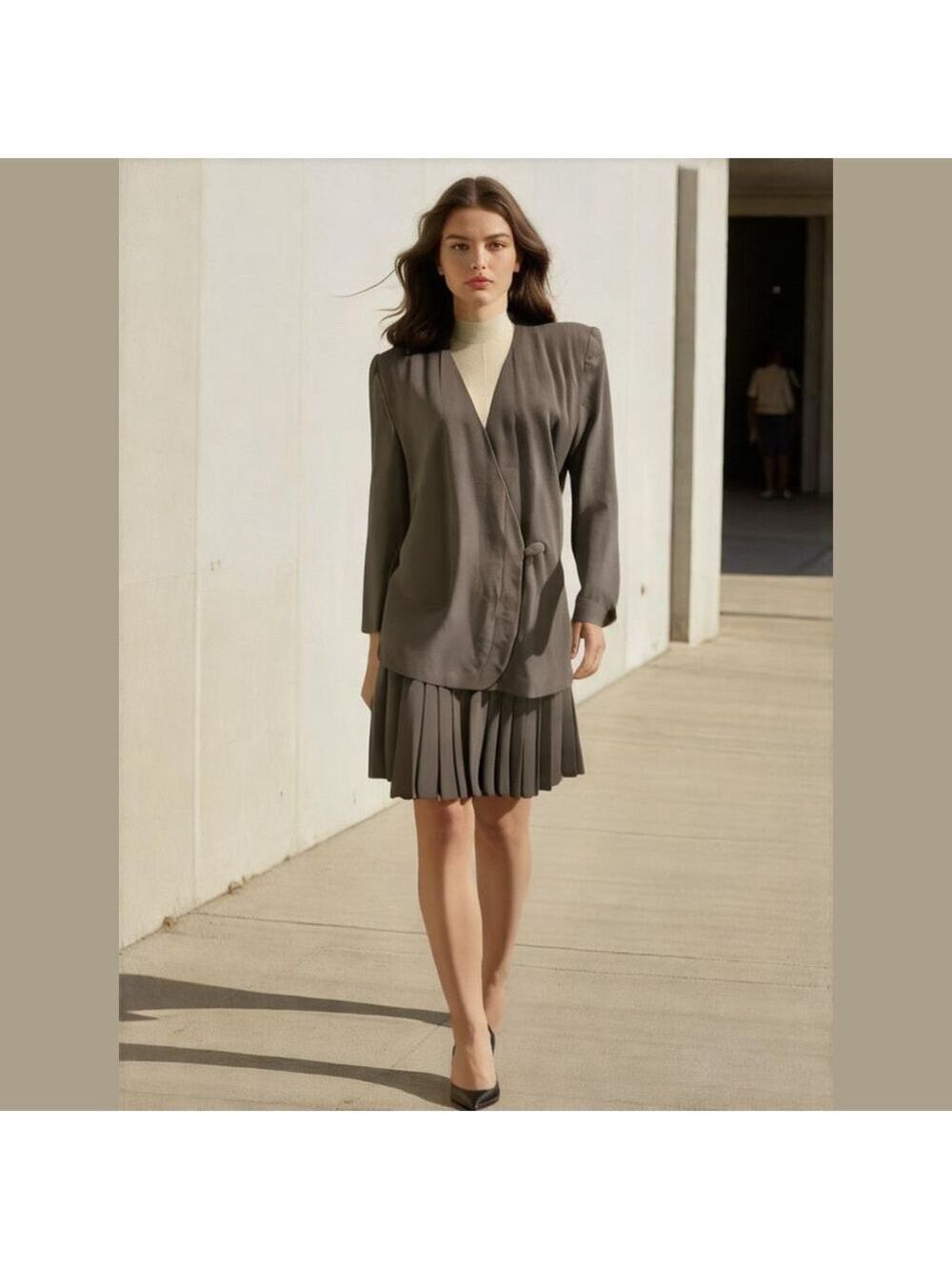 80s SEARLE BLATT LONG MOTO BLAZER & PLEATED KNEE LENGTH SKIRT SUIT MINIMALIST 6